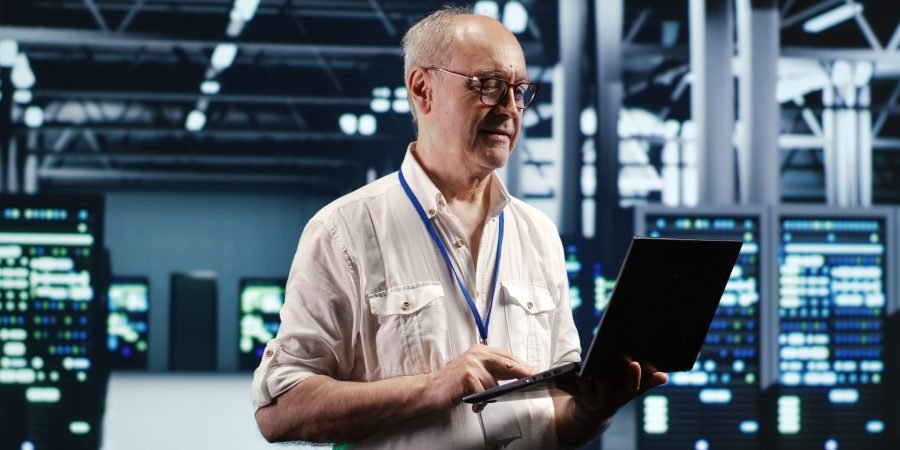 Focused IT professional navigating network of blade servers in industrial hub. Serviceman with laptop ensuring optimum operations, doing optimizations and maintenance in data center